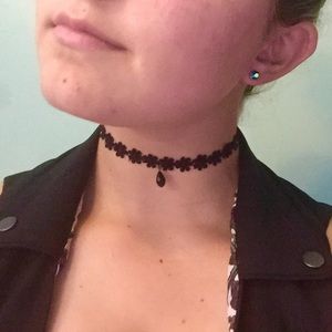 Black Lace Flower Choker Necklace with Gemstone